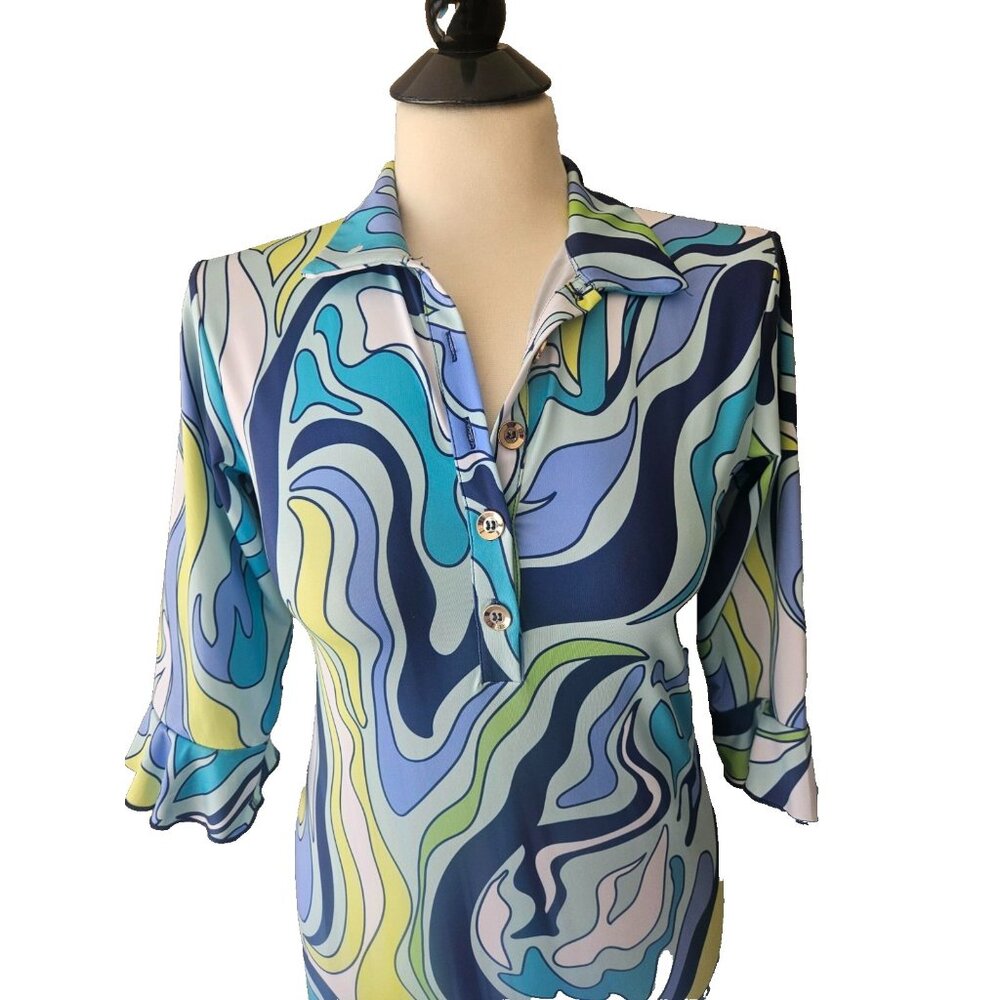 Ana Clare Active Marin Flounce Polo Dress Geometric Print Multi Color Size XS - Picture 2 of 5